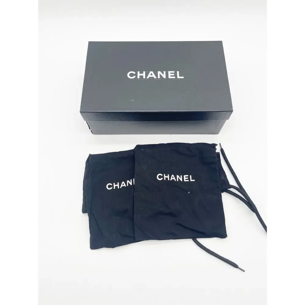 Chanel Vintage Black Satin Crystal Logo Ankle Lace Up Ballet Pumps Heels EU 37.5